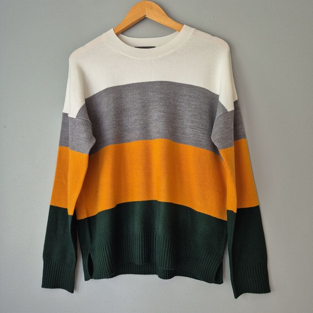French Connection Green Yellow Gray Color Block Long Sleeve Sweater Womens Large